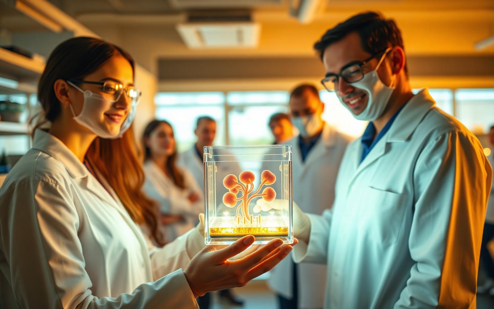 Researchers studying an organ-on-chip model in a laboratory